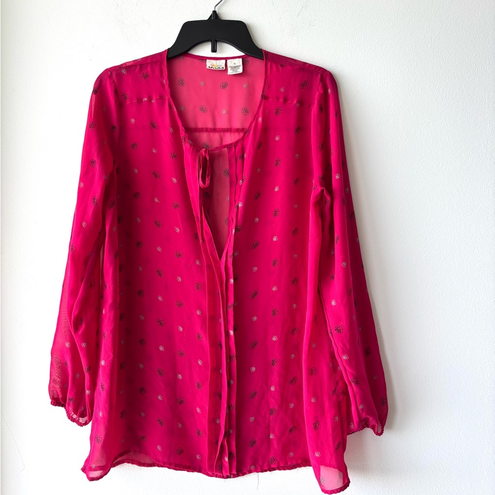 Y2K Mudd Top Pink Floral Sheer Pintuck Long Sleeve Womens L Boho Indie Fairycore